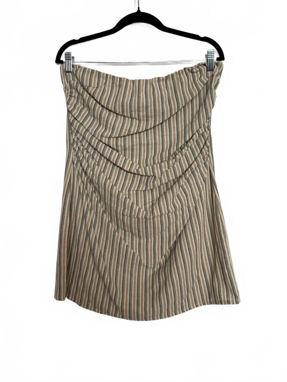 Cute Beige and Black Striped Ruched Strapless Mini Dress
